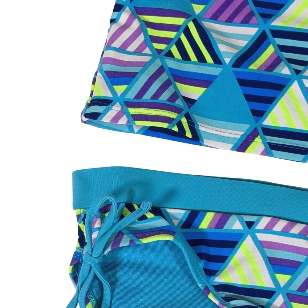 Justice Girls Blue Geometric Triangle Racerback Tankini Two Piece Swimsuit Sz 10